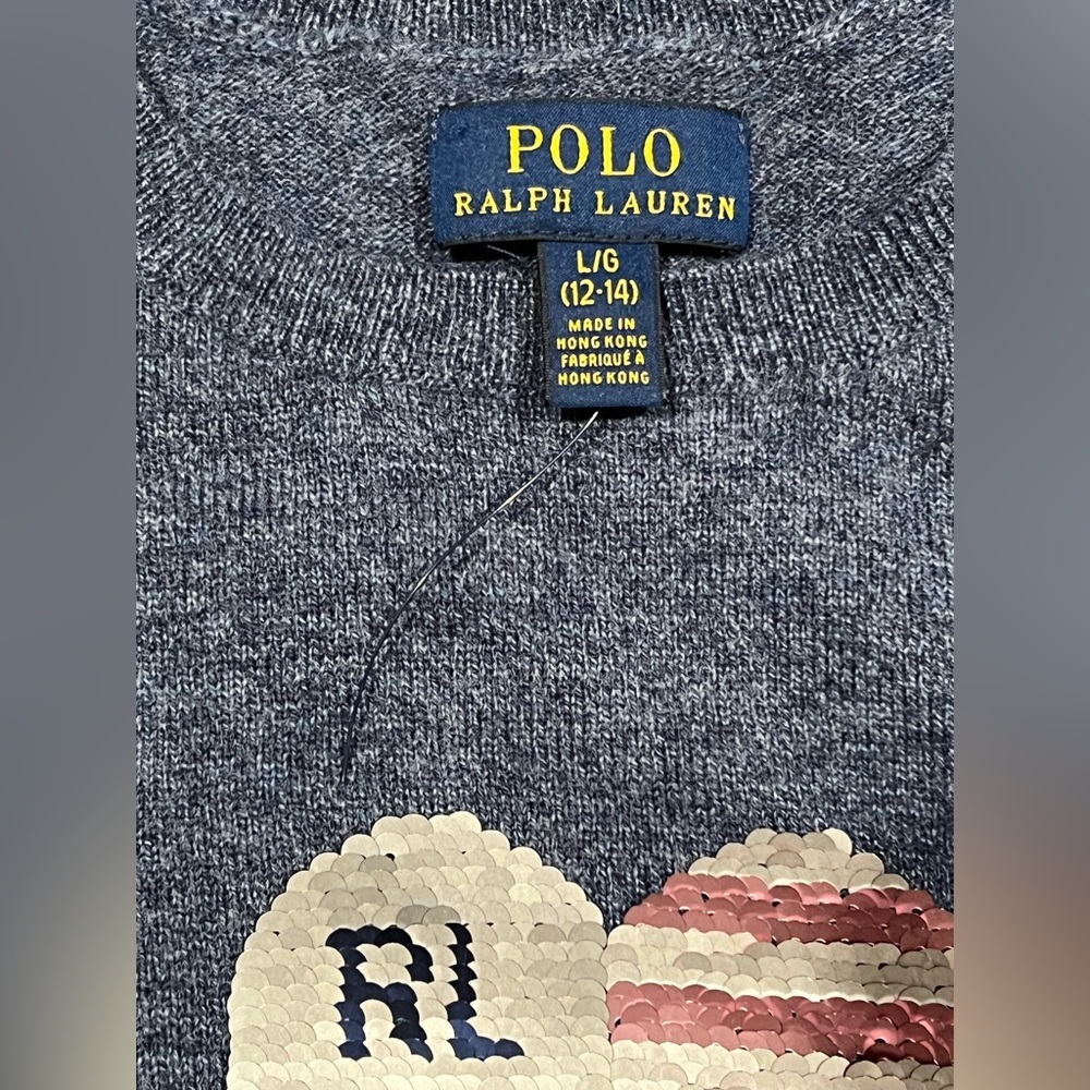 Polo Ralph Lauren Sweater Girls Blue I Heart USA flag Polo Pullover Size L 12-14 - Picture 9 of 11